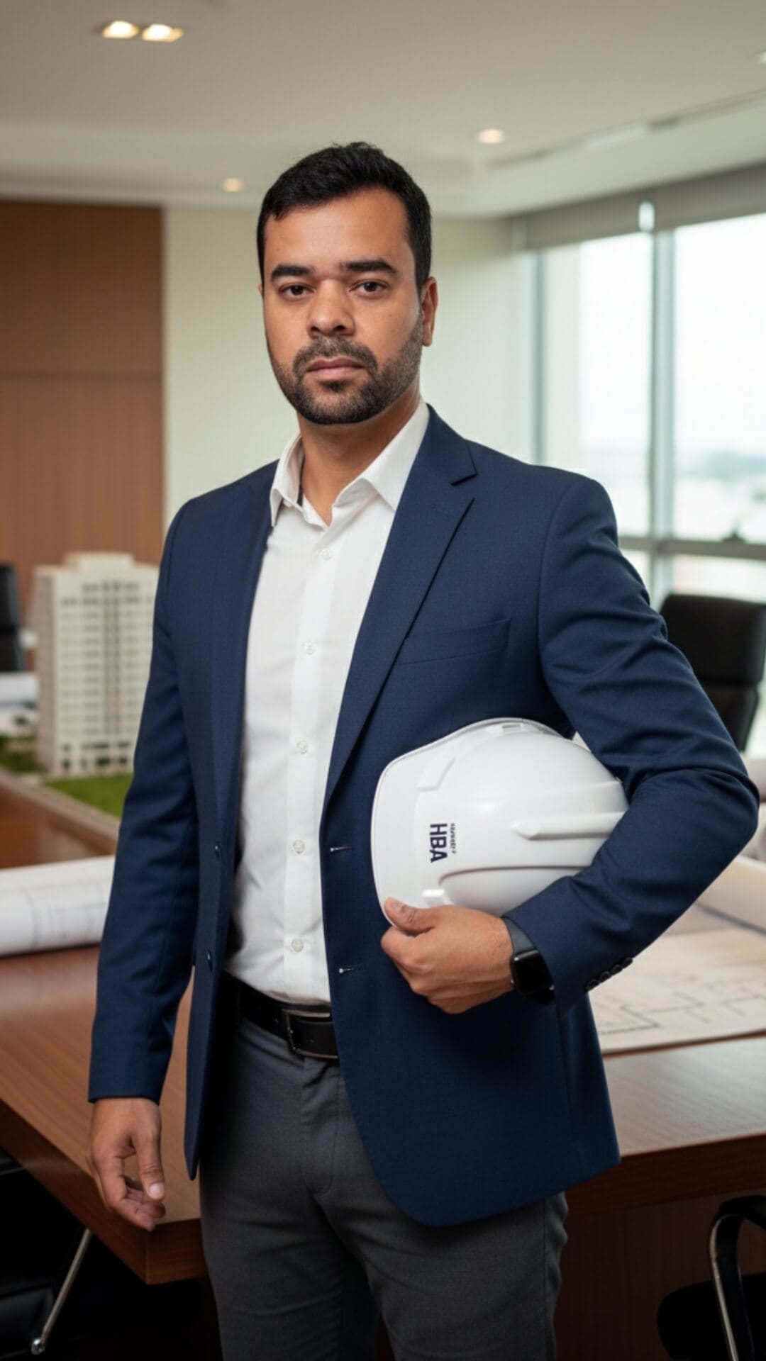 Heric Albertoni, fundador do Grupo HBA, em ambiente de trabalho com capacete.