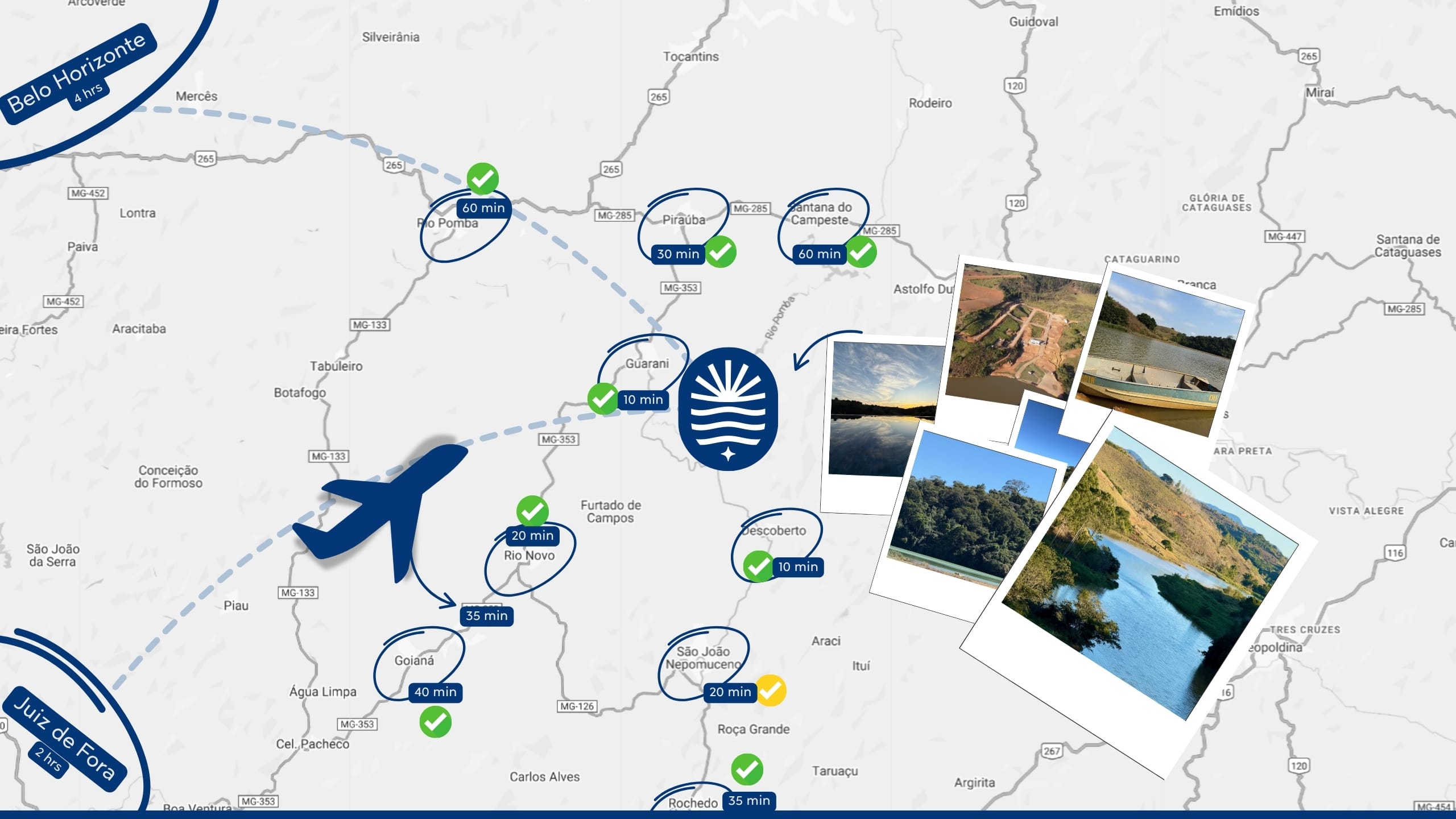 Mapa com a localização do Riviera Beach Club e distâncias até cidades vizinhas.