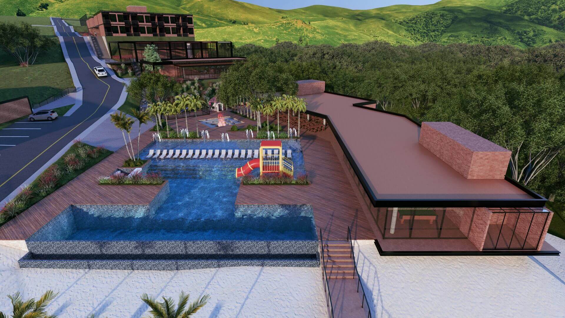 Vista aérea do Riviera Beach Club com piscina e área de lazer em São João Nepomuceno.