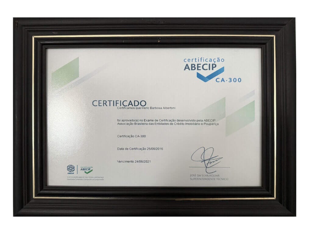 Certificação ABECIP CA-300 de 2016 concedida a Heric Albertoni do Grupo HBA