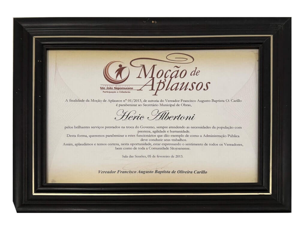 Moção de Aplausos recebida por Heric Albertoni pelo Grupo HBA em 2013.