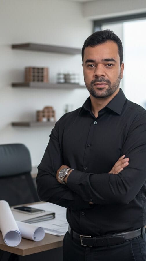 Heric Albertoni, fundador do Grupo HBA, posando em ambiente de trabalho.