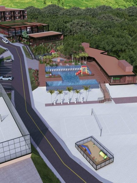 Projeto do Riviera Beach Club com áreas de lazer e piscina.